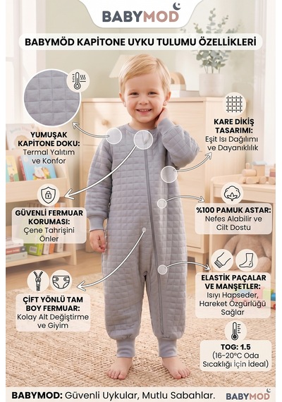Babymod Mevsimlik Kapitone 1.5 Tog Çocuk Uyku Tulumu Uyku Gurusu %100 Pamuk Kumaş Gri