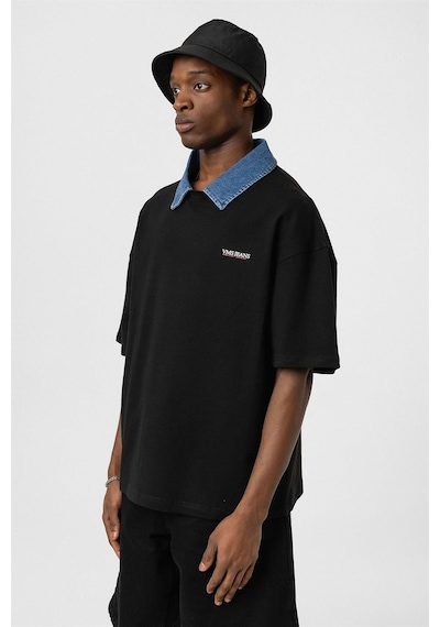 Polo Yaka Yazı Detaylı Oversize Tişört Siyah