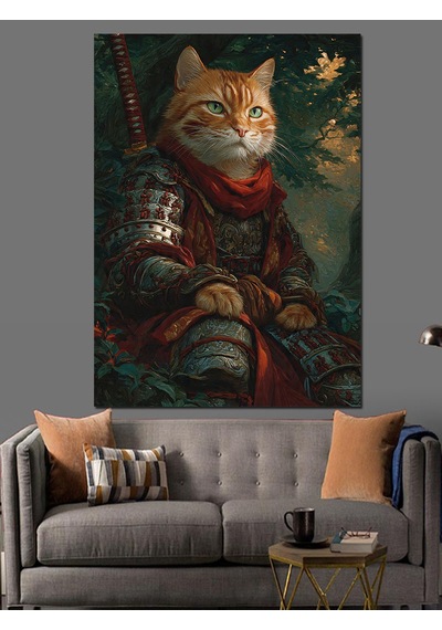 Ahşap Tablo Zırh Giyen Kedi Savaşçı