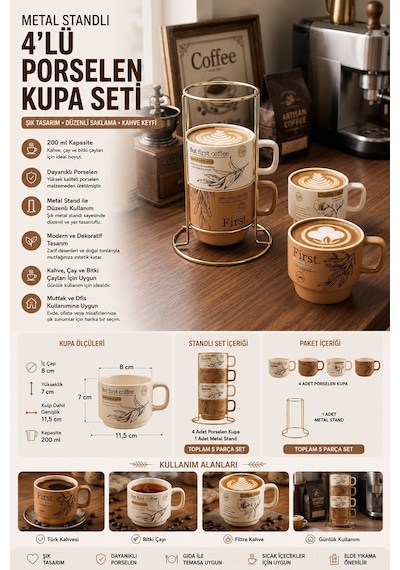Bistro Metal Standlı 4 Adet Porselen Kupa Seti 200 Ml Kahve Çay Fincanı Takımı Renklı