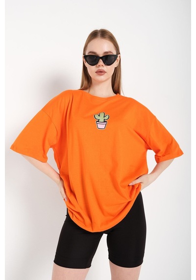 Flood Of Style Kadın Turuncu Cactus Logo Baskılı Oversize T-shirt