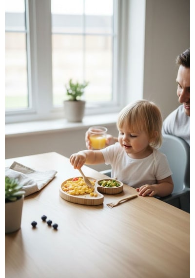 Ördek Figürlü Bambu Bebek Mama Seti Bölmeli Tabak + Kaşık Çatal Seti Bej