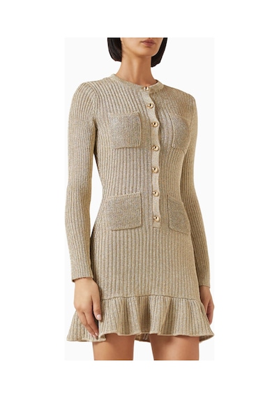 Self-portrait Self - Portrait Lurex Knit Mini Elbise, Altın Işıltılı Şık Gece Elbisesi Gold