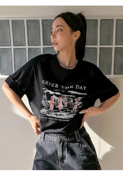 Flood Of Style Kadın Siyah Seize The Day Baskılı Oversize T-shirt