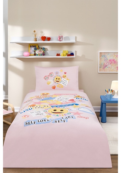 Nevresim Takımı Fitted Car Ranforce Tek Kişilik Pembee Emojı Cute Pembe