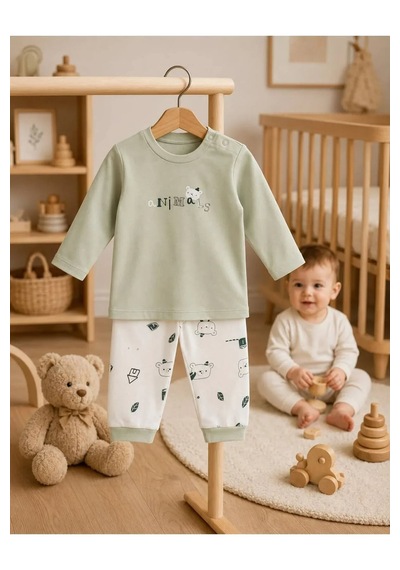 Ferasty İstanbul Unisex Bebek Pijama Takımı Ayıcık Baskılı Yeşil