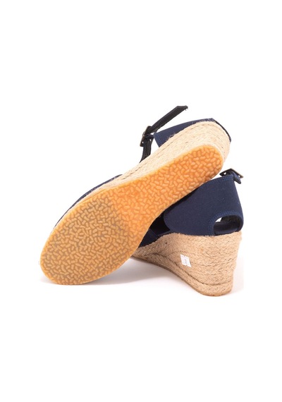 Gerçek Elişi Bilekten Bantlı Topuğu Açık Keten Espadril Dolgu Topuk Handmade Lacivert