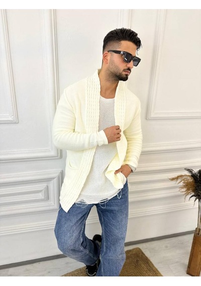 Elku Moda Hırka Örgülü Şal Yaka Cepli Tüylenmez Örgü Triko Hırka Beyaz