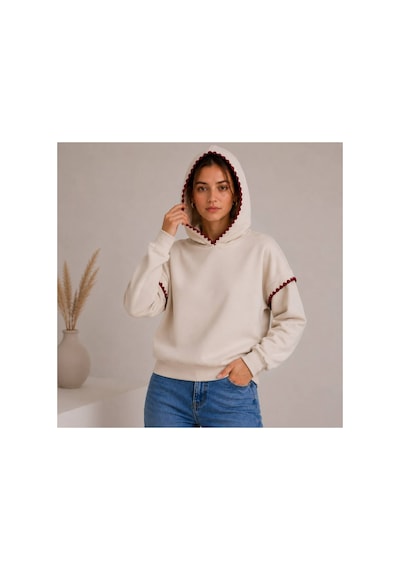 Herkesemoda Yaka Ve Kol Nakış Detaylı Kapüşonlu 2 İplik Şardonlu Sweatshirt Bej-bordo Herkesemoda Yaka Ve Kol Nakış Detaylı Kapüşonlu 2 İplik Şardonlu Sweatshirt Bej-bordo