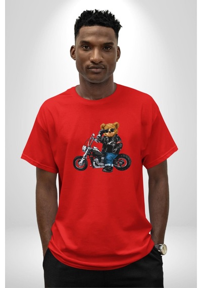 Kask Güneş Gözlüğü Motor Ayı Pamuklu Bisiklet Yaka Unisex Oversize Boyfriend Dijital Baskılı Kırmızı T-shirt Kırmızı
