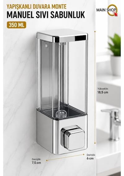 Mainshop 1 Adet Yapışkanlı Duvara Monte Banyo Ve Mutfak Manuel Sıvı Sabunluk 350 Ml Doldurulabilir M-53 Gri