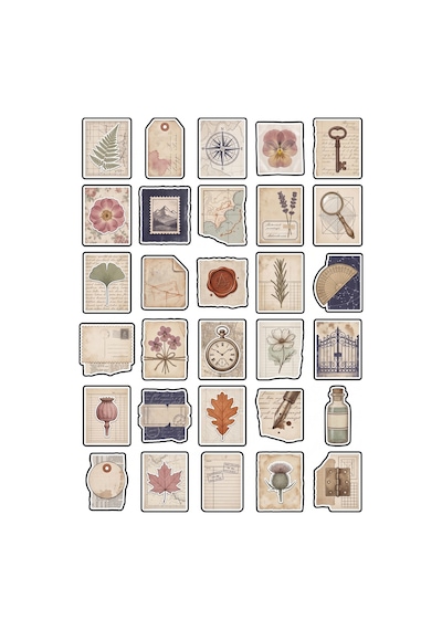 30 Adet Vintage Seyahat Ve Botanik Sticker Seti - Defter Ajanda Scrapbook İçin Çok Renkli