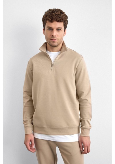 Backandbond Bej Regular Fit Dik Yaka Yarım Fermuarlı Sweatshirt