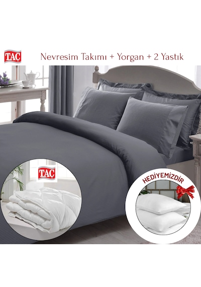 Taç Çift Kişilik Premium Basic Stripe Saten Nevresim Takımı Yorgan Yastık Gri