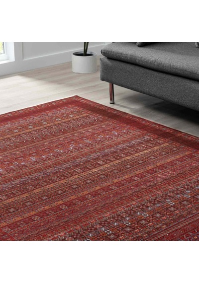 Bordo Kırmızı Etnik Şerit Desenli Modern Halı - Nk0259ba Bordo - Kırmızı