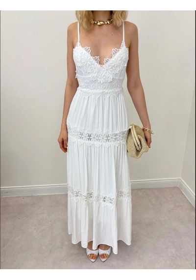 Elora Atelier Sırt Bağlama Dantelli Beyaz Maxi Elbise Çok Renkli