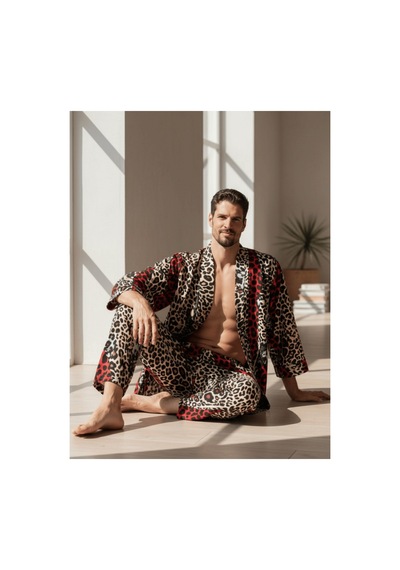 Qmen Style Erkek Kimono Takımı Leopar Desen 3 Lü Viskon Set Bornoz + Pantolon + Şort Bordo