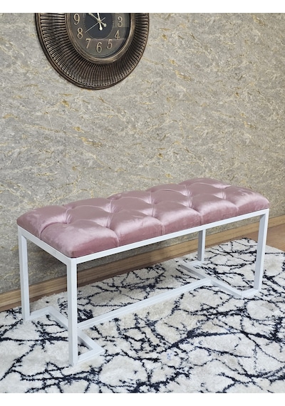 Zafir Beyaz Boyalı - L - Ayaklı 100 Cm X 38 Cm Oturak - Bench - Makyaj Taburesi - Makyaj Oturak Pembe