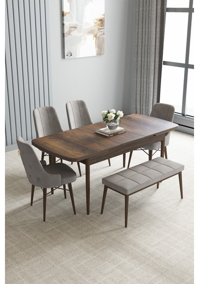 Loft Barok Desen 80x132 Açılabilir Mdf Masa Yemek Odası Takımı, Mutfak Takımı 4 Sandalye, 1 Bench Gri Loft Barok Desen 80x132 Açılabilir Mdf Masa Yemek Odası Takımı, Mutfak Takımı 4 Sandalye, 1 Bench Gri