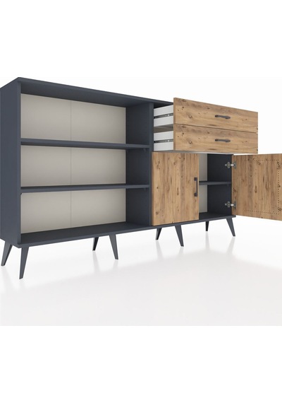 Arges Konsol 3 Raflı 2 Çekmeceli 2 Kapaklı 176x30x99 Antrasit-çam Antrasit-çam