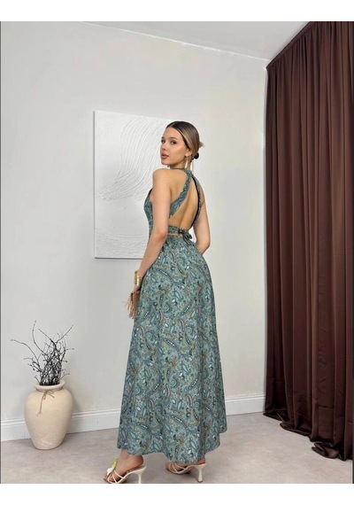 Elora Atelier Halter Yaka Sırt Dekolte Yeşil Maxi Elbise Çok Renkli