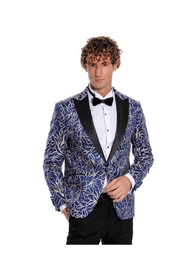 Wessi Işıltılı Sarmaşık Desenli Slim Fit Mavi Erkek Smokin Ceket Mavi