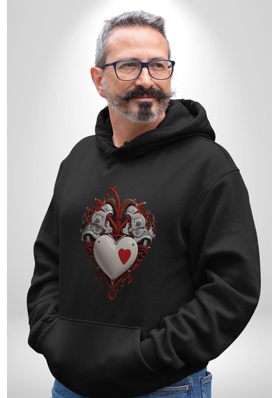 Robot Kalp Atardamar Kadın Erkek Siyah Kapüşonlu Sweatshirt Hoodie Siyah