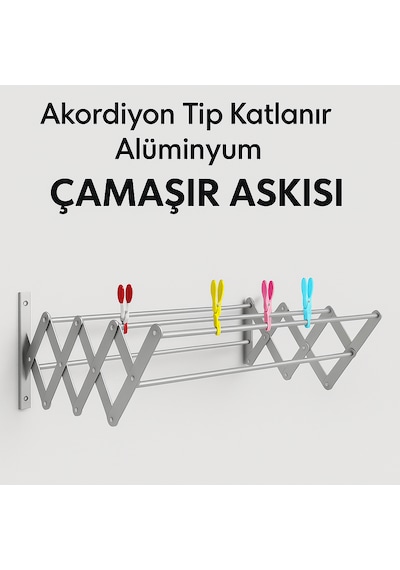Ecm Proger Akordiyon Katlanabilir Çamaşır Kurutma Askısı - 100 Cm Genişlik 9 Çubuklu Model Açık Gri