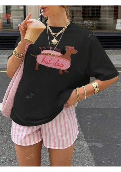 Flood Of Style Kadın Siyah Hot Dog Baskılı Oversize