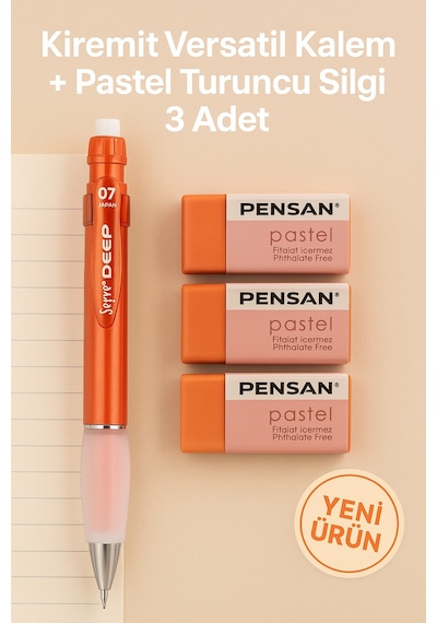 Kiremit Versatil Kalem + Pastel Turuncu Silgi 3 Adet Kiremit