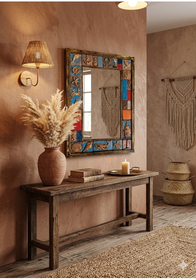 El Yapımı Deniz Temalı Dekoratif Ayna Seramik Çerçeveli, Rustik & Bohem Duvar Aynası Banyo, Antre, Salon 74x51cm Ahşap