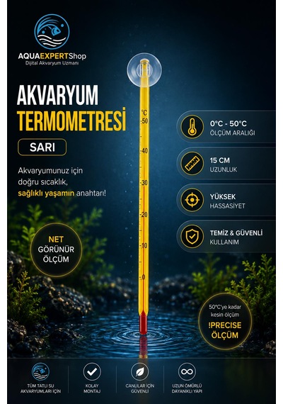 Akvaryum Termometre - Sarı - Hassas Ölçüm - Cam Termometre - 0/50 Derece Arası Ölçüm - Net Görünür - Güçlü Vantuz