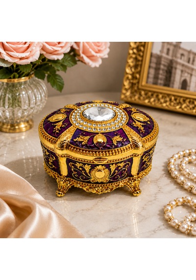 Kristal Taşlı Oval Mücevher Kutusu Kadife İç Kaplamalı Gold İşlemeli Takı Kutusu Dekoratif Saklama Kutusu Mor