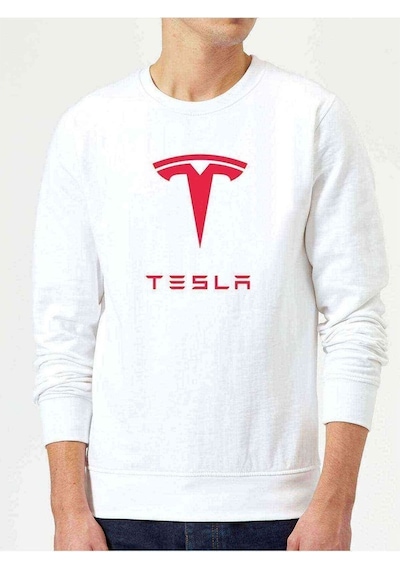 Tesla Motors Logo Baskılı Beyaz Erkek Örme Sweatshirt