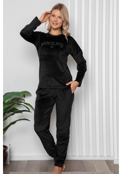 Farya Home Luxury Velvet Fransız Kadife Yazı Detaylı Pijama Takımı Siyah