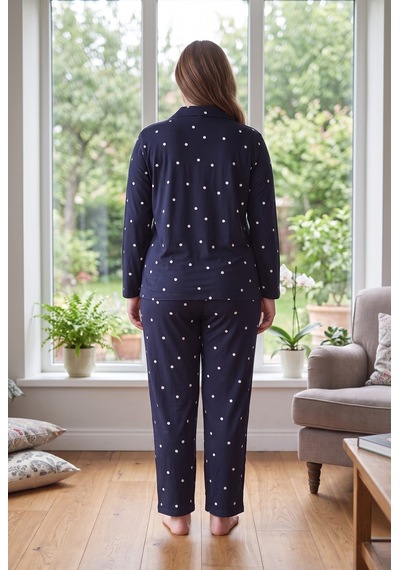 Seboteks Süet Kumaş Önden Düğmeli Büyük Beden Kadın Pijama Takımı 2800 Lacivert
