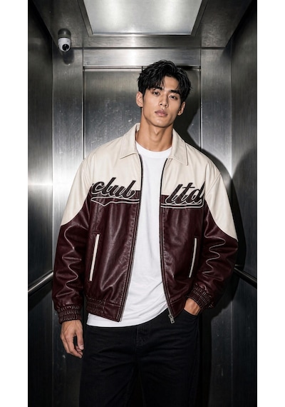 Oksit Club Ltd Nakış Detaylı Vintage Colorblock Gömlek Yaka Deri Bomber Ceket Bordo