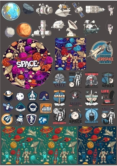 Retro Uzay Sticker Set 15 Parça Telefon, Tablet, Defter, Laptop Sticker