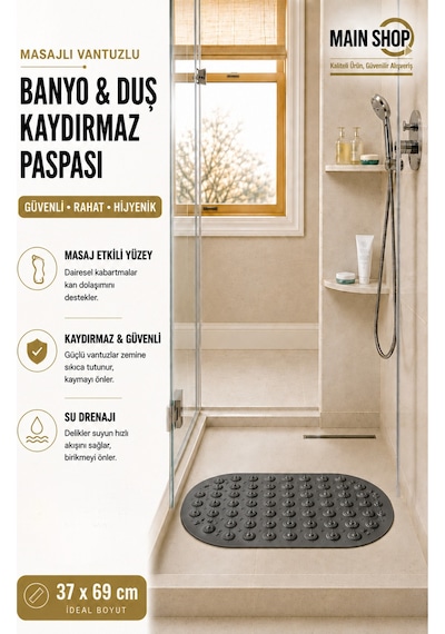 Mainshop Kaydırmaz Duşakabin Banyo Ve Duş Paspası Masajlı Vantuzla Yapışır 37 X 69 Cm M-142 Gri