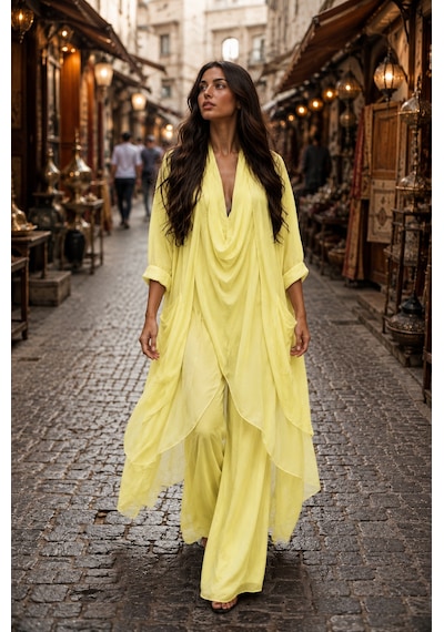 Bohem Stil Italyan Ipek Detaylı Oversize Kap Bluz- Wes Pantolon Takım Sarı