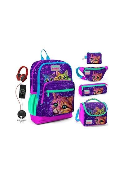 Coral High Mor Kedi Usb Soketli Beşli Okul Çantası Seti - Kız Çocuk
