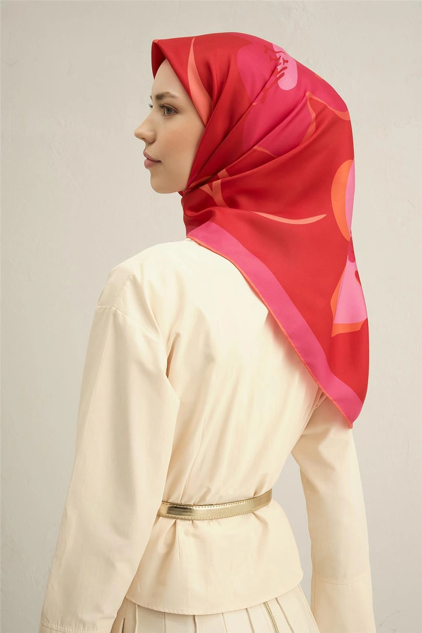 Armine Çiçek Desenli Saf İpek Sura Eşarp 9317d 56 Kırmızı
