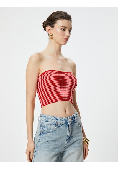 Koton Straplez Kroşe Crop Üst Kırmızı Çizgili 4sak30141ht Kırmızı Çizgili