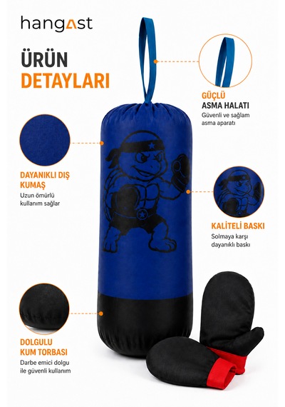 Çocuk Boks Seti Panda Desenli Asılabilir Boks Torbası Eldivenli Mavi