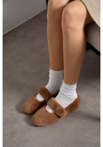 Nmoda Ultra Yumuşak Peluş Kadın Ev Babeti Ses Yapmaz Hafif Taban Panduf Koyu Vizon