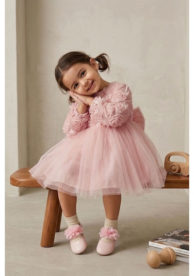 Miniğimin Cicileri Gül Desenli Kız Çocuk Uzun Kol Abiye Elbis... Pembe