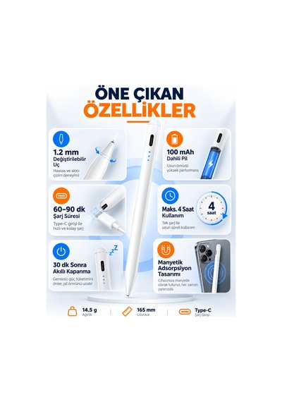 Universal Stylus Kalem Dokunmatik Tablet Telefon Kalemi İos Android Windows Uyumlu Type-c Şarjlı Pil Göstergeli İnce Uçlu Çizim Yazı Kalemi