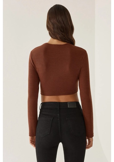 Hiccup Slim Fit Örme Crop Bluz Kestane Kahvesi