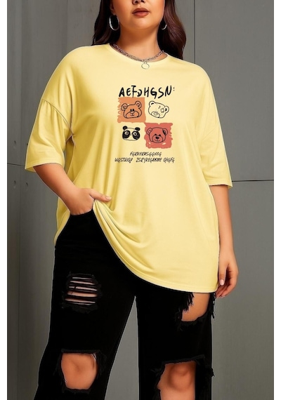 Büyük Beden Aef Ayıcık Baskılı Unisex Tişört Sarı
