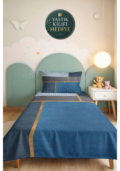 Mavi Geometrik Modern Genç Odası Tek Kişilik Pike Takımı - Gri Gold 160x220 Cm Kapitone Yatak Örtüsü Gümüş